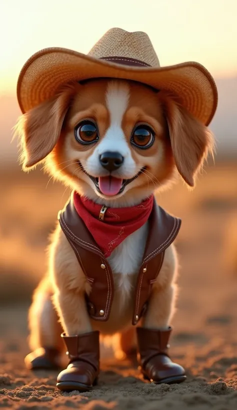  An ultra-realistic image of a super cute dog ,  with a soft and shiny coat in shades of brown and white ,  with big, expressive eyes that exude tenderness .  The dog is wearing cowboy clothes , with a straw cowboy hat ,  adorned with a brown leather ribbo...