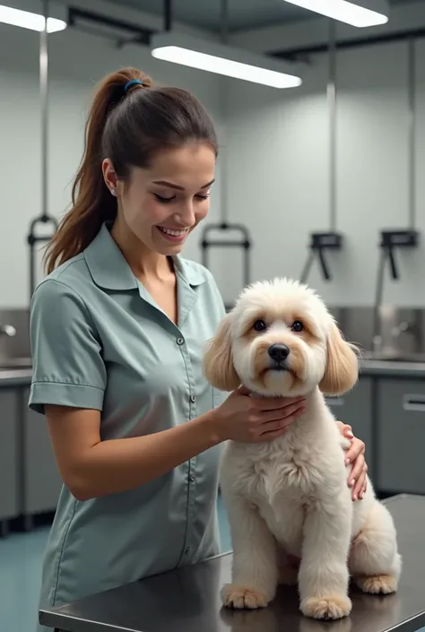 Make very realistic human and dog image showing a pet dog grooming happening in professional pet grooming center by a female groomer 