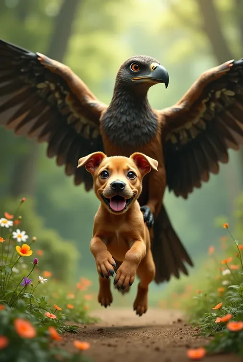 A brown pitbull puppy being carried by a bird