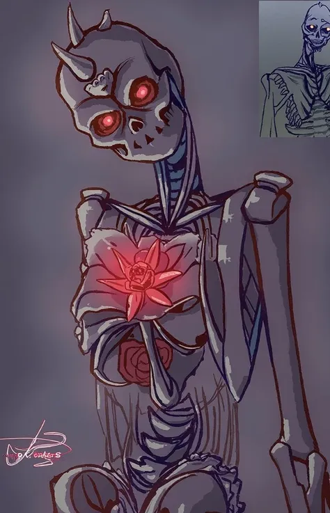 The skeleton holds a bouquet of flowers