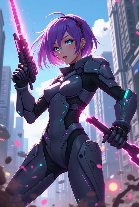 A girl with armor and a sword gun in a futuristic city fighting with violet hair and neon blue eyes waifu anime style