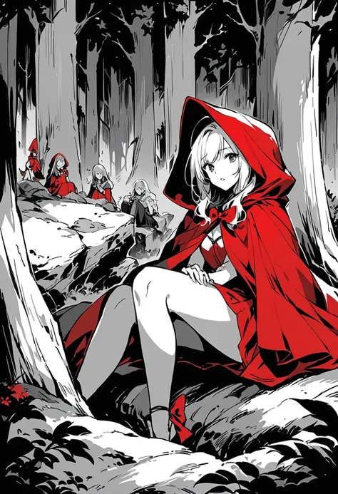 rating_safe, score_9, score_8_up, score_7_up, score_6_up, score_5_up, score_4_up, hires, perfect artwork, red riding hood sitting on rock in forest, pixiv, fantasy art, grayscale with red dress,