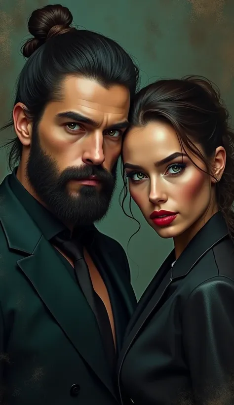 A cover page with a mafia king and mafia queen her eyes are ocean blue colour and his eyes are olive green colour. make the man younger and make both of them more dangerous the man should have a beard and moustache with a little long hair, half tied in a b...