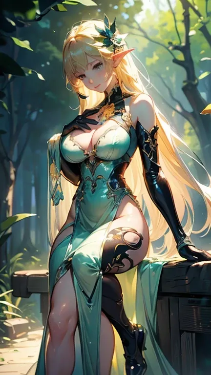 masterpiece,  Best Quality , Intricate details,  beautiful blonde elf woman, (Mint Eye ),  Celestine Lucoulus,  Perfect anatomy ,  Perfect Face :1.1), ((Big Breasts!!!!!!)),(Big Breasts!!!!), White one-piece,  clearly focused, (( unique :1.4), ( Full body ...