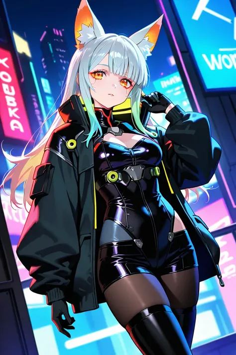 there is a woman in a corset and a black and white outfit, long gray hair, orange eyes, fox ears, medium breasts, wearing cyberpunk techwear, nylon, tights, pantyhose, wearing techwear and armor, cyberpunk outfit, wearing japanese techwear, intriguing outf...