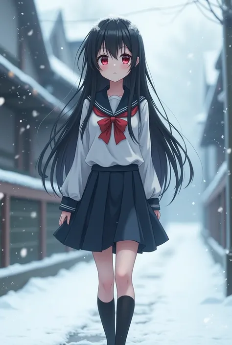 A girl with red eyes and long black hair going to school in school clothes with long black socks covering her legs anime snow