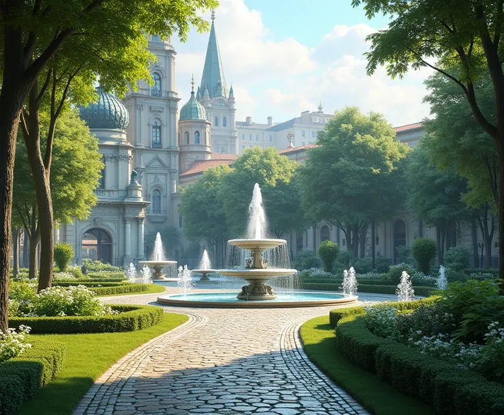 A scenic cityscape with a tranquil park, lush greenery, ornate fountains, cobblestone paths, and a serene atmosphere, (best quality,4k,8k,highres,masterpiece:1.2),ultra-detailed,(realistic,photorealistic,photo-realistic:1.37),detailed landscape, intricate ...