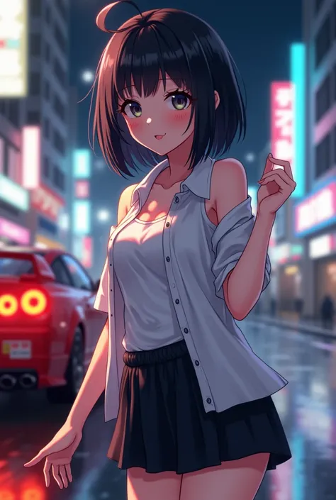  An anime girl with black hair shoulder-length , wears a short-sleeved white shirt with open buttons and open shoulders,  and wearing a white tank top ,  and black short skirt ,  she was dancing car racing supra modif full sticker ,  realistic location , w...