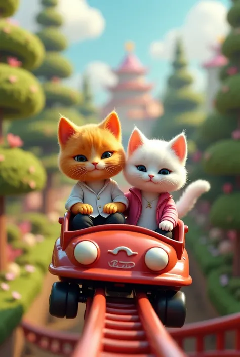 Generate a high quality 3D image :An orange cat wear white shirt and black pant and sitting with white cat that wear pink jacket and black pant and take a rollercoaster ride  in park