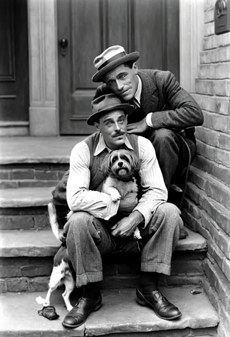 man in a hat sitting on the steps cuddled up with a dog, Jean Dupa, 1 9 2 0 0s film actor, in 1 9 2 2 2 film, In the 1920s, Andnorman Rockwell, inspired by Edward Corbett, Eddie, high quality silent film, Vintage photography, with dogs, based on Raymond No...