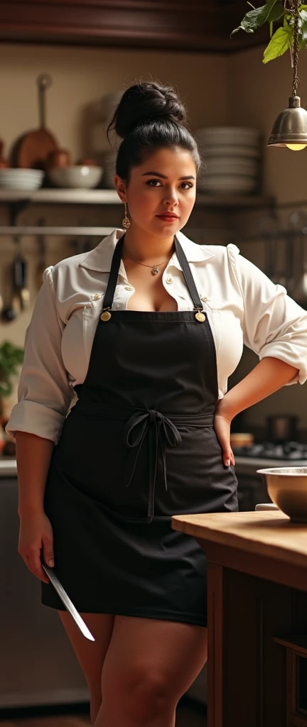 Reminiscent of Evan Rachel Wood, chef mommy, in kitchen room, Kate Winslet, full figured, with a tall and hefty build, large breasts, a black bun for hair, the ideal amount of chubbiness, and squinting, wearing a short naked cooking apron, she is a master ...