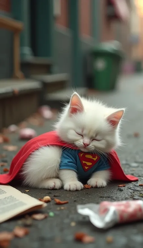 White kitten using superman outfit , sleeps on the street after eating meatballs