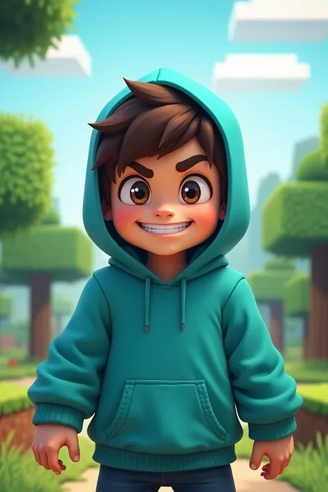 Change my Minecraft skin into a cute enemy boy hoodie and cyan color or Minecraft background