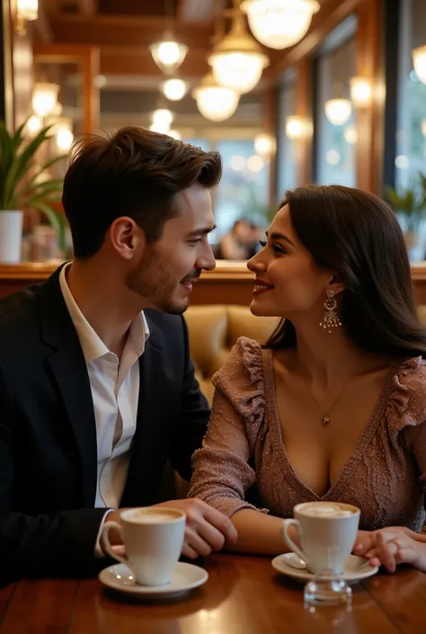 lovers (man and woman) Drinking coffee together, em um restaurante, romantic climate, very detailed, Kodak Vision Color, extremely detailed, realistic photo 
