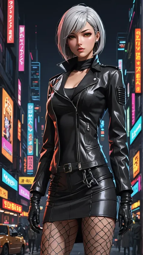 Anime-realistic 3D character design: A female character with a proportional, subtly sexy figure—elegant yet alluring. Her outfit is a blend of modern and edgy, wearing a leather jacket, a layered mini skirt, and fishnet stockings. The style is sexy but not...