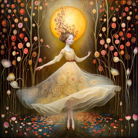 ethereal colorful Gustav Klimt luminous Nicoletta Ceccoli translucent Catrin Welz-Stein illuminated Dee Nickerson absorbing dust shimmering.  A young woman, hair light brown, improvises dance steps along an avenue, of a small town on a lake with red and ye...