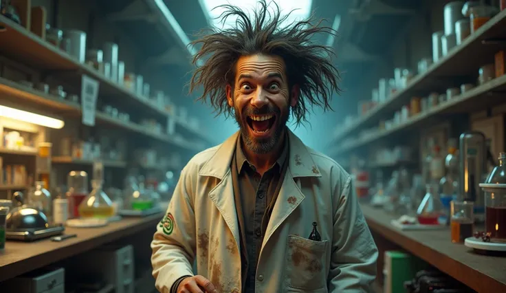 A laboratory with a crazy scientist in front of the camera smiling must be realistic