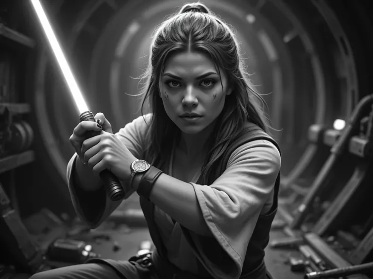 
a shot from the movie Star Wars. A beautiful Jedi girl is fighting  in the cargo hold of a smuggler cargo ship.  detailed face, whole body, T, N A ultra-detailed, film photography, light leaks, Larry Bud Melman, trending on artstation, sharp focus, studio...