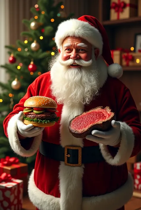 
create a realistic image of a Santa Claus holding a hamburger with one hand and a juicy steak in the other, Santa Claus smiling, in black clothes, with a Christmas tree and gifts