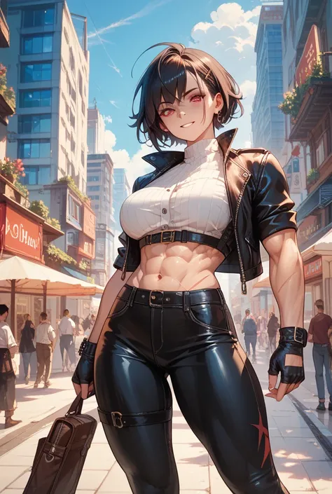 Girl with short dark hair red eyes muscular medium hips large and muscular breasts with body vest leather pants full of scars white skin in the middle of the city 