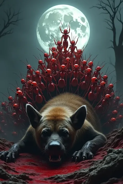 A powerful red ants army is kill and stands atop of the bloodeid lifeless hyena in a deep background with full of covered with moon in a hyperrealistic scene.