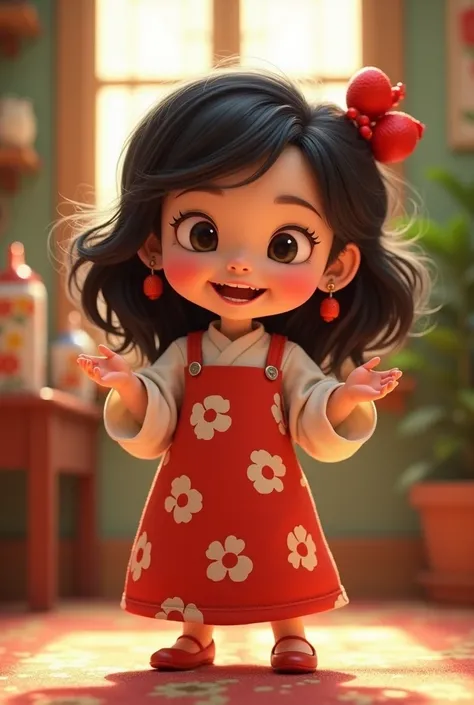 Generate a Disneylike Pixar-like character but person with the following characteristics:
a white-skinned woman, Chinese or wavy hair, And short in height with a chubby build