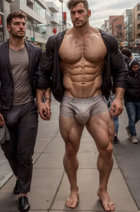 Tall man, muscular, just in underwear, huge bulge, male public hair, public hair, groin hair, chest hair, Walking in public,  with people looking around , ǝɐɪłł.  full body. bulgeJ8