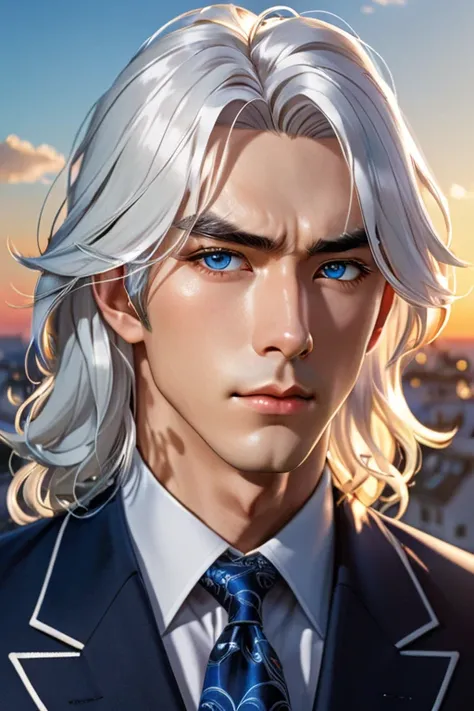 Man, peach skin, bright blue eyes, long white hair, detailed, semi-realistic anime style, with golden hour effect with light reflections coming from the window, serene and serious expression, Drop shadow, Diffracted rays, Simple background, Frame, Shame on...