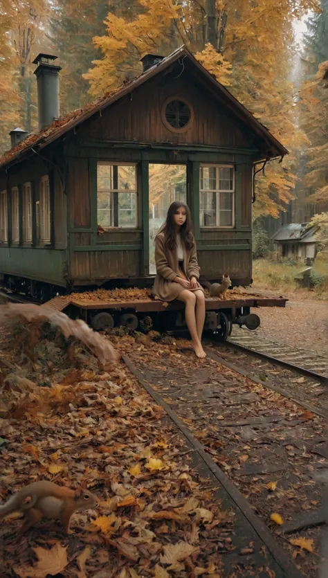 train station ,  inside an old house ,  in the middle of the forest ,  with squirrels playing , falling leaves,  a light wind and a girl waiting for the train, barefoot,  with dark brown hair 