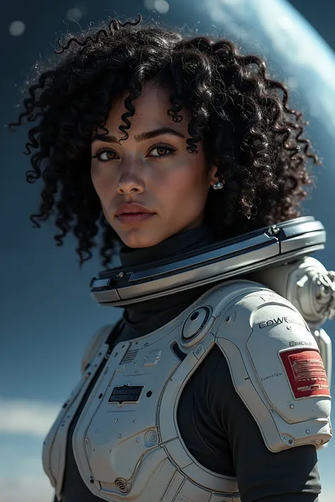 Portrait of a Black curly hair space commander in a space suit