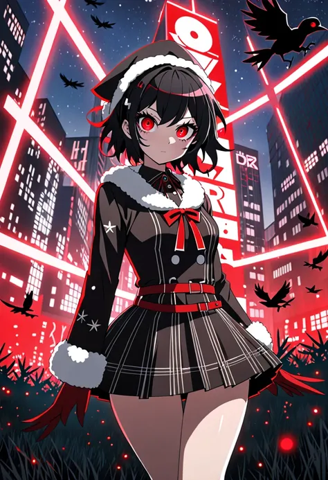 1 girl, solo, (black short hair tomboy), glowing red eyes, score_9, score_8_up, score_7_up, ((Christmas background with crows around)), anime color style, source_anime, sexy christmas outfit, very aesthetic, yandere girl, yandere look,muscle girl, sexy gir...