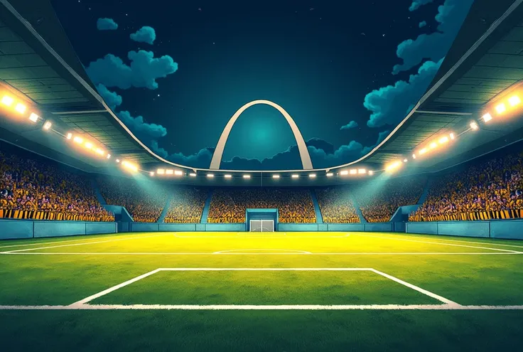 a drawing,  comic style of a  ((Night match ))  ((((an empty soccer court ))  seen from the penalty spot with an arc in the background ))),, (((The court is in the foreground  ))), ((There are no players )) (( in the background the fans wear t-shirts with ...