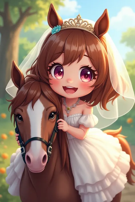 (masterpiece),( top quality ),( Ultra Detailed ), ( full body :1.2),
 girl,Chibi,cute, smile,   open mouth, medium hair， center split，Forehead，
Ride a horse，Personal，horse riding， wedding dress ，Princess Line，Shoulder， tiara ，Veil，
( beautiful detailed fac...