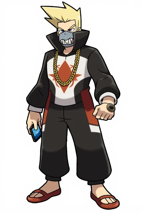 Pokemon Trainer: A ruthless street-smart hustler wearing an expensive designer tracksuit with gold chains, face half-hidden by a medical mask with shark teeth design, bleached hair styled messy, heavy rings on fingers, carries a modified phone that hacks P...