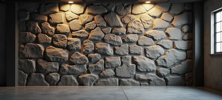 Extend the existing rock-like texture on this wall (provide image) to cover the rest of the undecorated area. Maintain consistent style and lighting.
