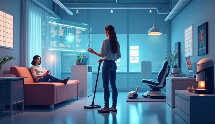 Create a realistic image illustrating how AI tools, such as task automation, can improve daily routines. The scene should feature a modern home or office environment where AI-powered devices are actively helping with tasks. Include elements like a smart ho...