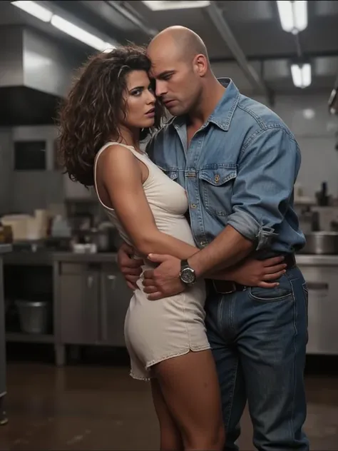 Candid photograph of a scene in a movie, where a gorgeous Italian woman, upturned nose, looking scared, indirect gaze, dressed in a high closure white leather sleeveless mini dress is resisting a balding man wearing a denim shirt with rolled up sleeves and...