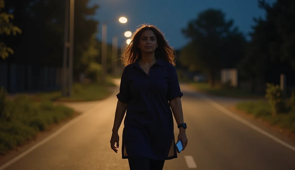 A 30-year-old Indian woman with a chubby and confident demeanor walking alone on a quiet road at night. She is wearing a half-sleeve kurta and fitted leggings, with her hair slightly tousled by the breeze. The atmosphere is dimly lit by distant streetlight...