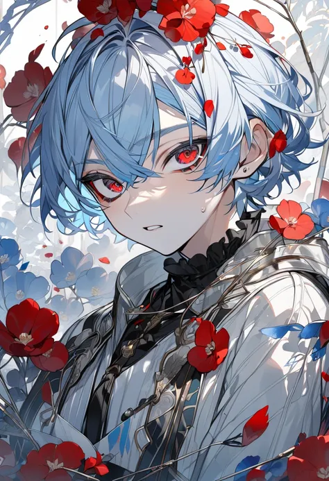 handsome, solo, 1 male, short hair, light blue hair , sharp eyes, red eyes, high quality