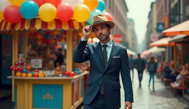 A balloon vendor with a colorful cart.After freeing himself, he(A man in a dark blue suit with glasses, neatly combed hair, and shiny black shoes) triumphantly places the hat(tan fedora )back on his head.   Cinematic 