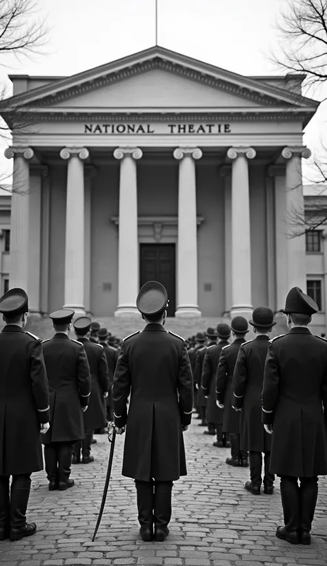 Black and white historical photograph depicting a group of uniformed military officers standing in formation in front of a large, classical-style building with the word NATIONALTHEATER inscribed on its pediment. The building features tall columns and ornat...