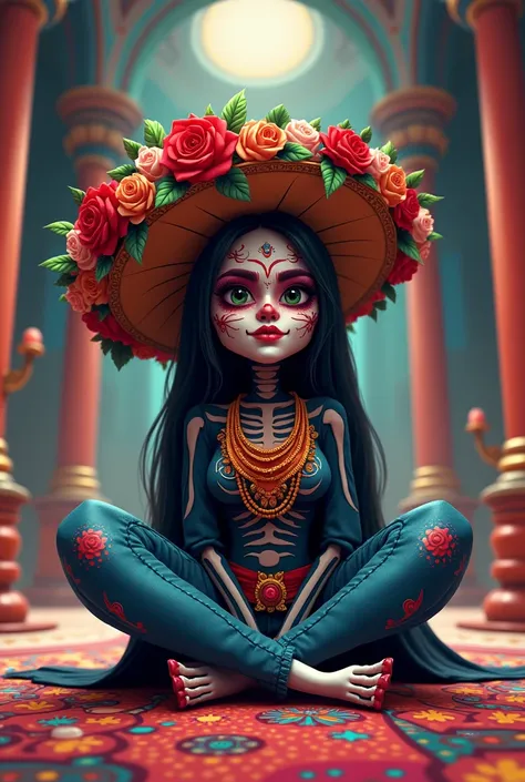 Catrina in the middle of a pantheon colorful realistic half-body cartoon seated in ina timba crosses of pantheon