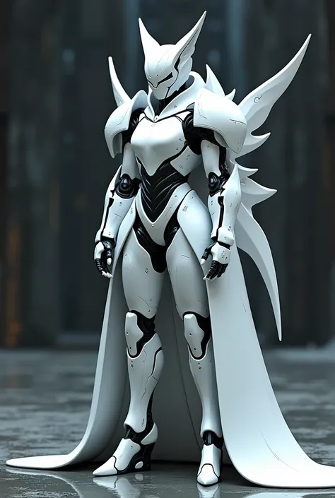 full body shot, hyper realistic, white celestial catwoman mecha bot, wearing minimalist angular mecha gundam mask, wearing cybernetic techwear cloak, with gigantic mechanical Additional Booster wings, sleek design, dark fantasy, futuristic environment, her...