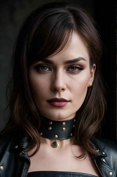 award-winning professional and realistic photo of beautiful 30 year old Cersei Lannister, stereotypical sexy goth girl, long hair, (pale skin), dark makeup, dark eyeliner, dark mascara, dark lipstick, busty, studded leather jacket, tight studded leather ch...