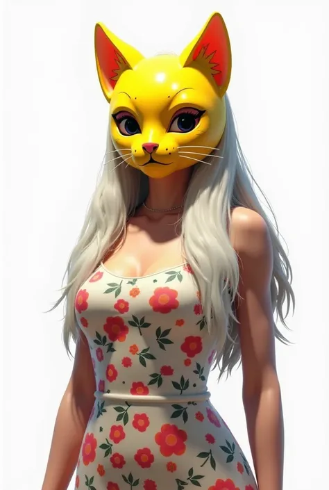 Make a GTA 5-style female character with long white hair and a kitten mask that covers her entire yellow head with well-behaved clothing like a flowery pink dress, and the white background