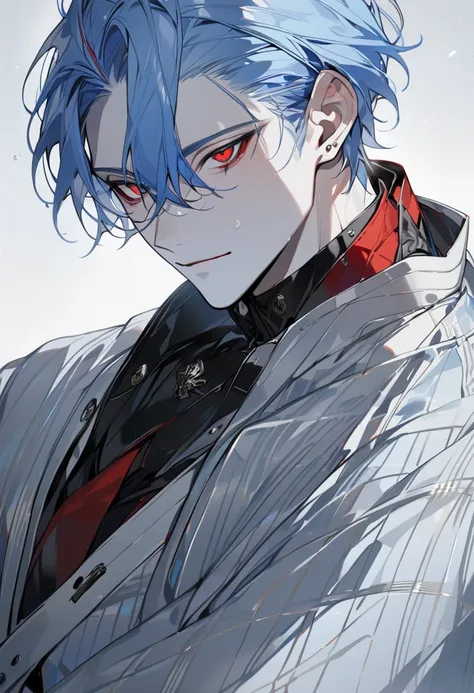 handsome, solo, 1 male, short hair, light blue hair , sharp eyes, red eyes, high quality, handsome, calm face