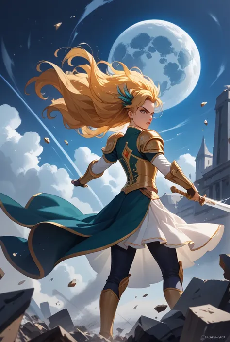 " A dazzling anime-style girl ,  with long golden hair flowing in the wind ,  dressed in shiny and detailed armor ,  that reflects the faint light of an apocalyptic scenario . Behind her, The Moon is tearing apart ,  with shiny fragments spreading across t...