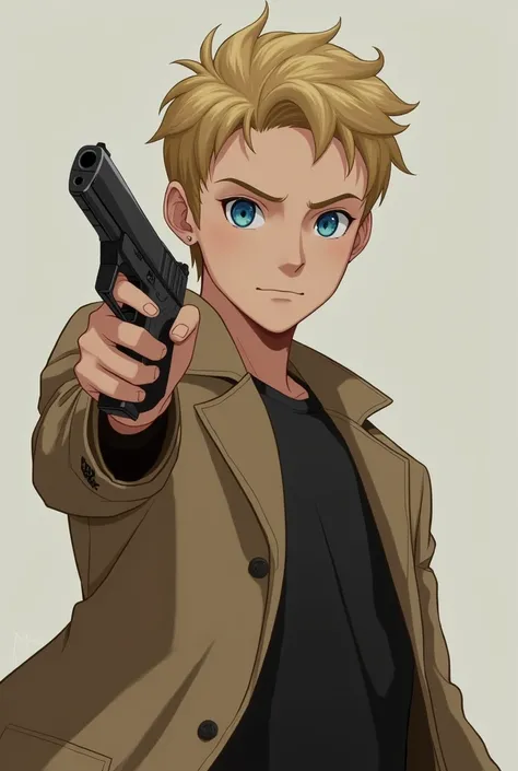 man, blond,  short hair ,young,  blue eyes , beige coat,  black shirt, gun in hand 