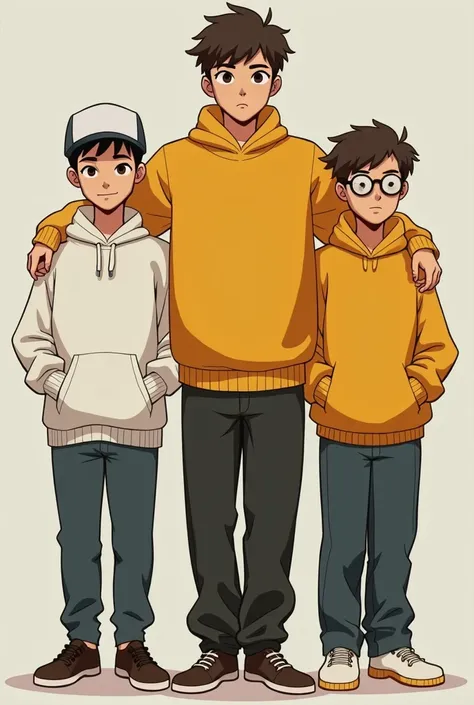 Three friends dressed in cholos ,  one slightly tall white and with a flat cap , The other is tall and thin with disheveled hair wearing a large yellow sweater ,  and the last one shorter but with more dark style and hair Collocho and lenses 