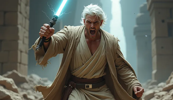 A shouting young bodybuilder jedi white hair with laser sword in his hand wearing bad 